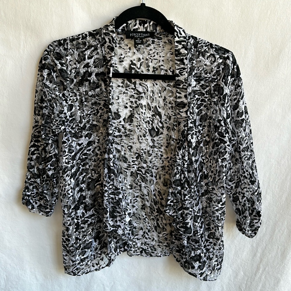 Perceptions New York black and white semi-sheer open front cardigan, size 10